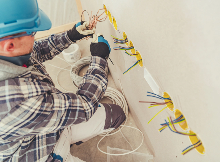 electrical hands close up with plier wiring lighting switch houston tx electrician installing commercial electric lines the heights tx
